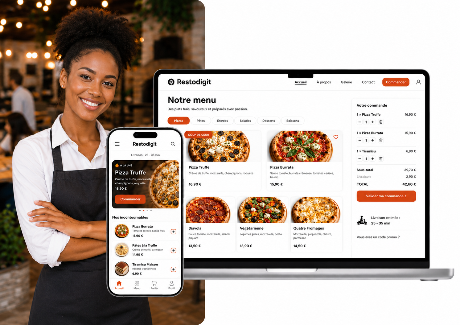 Aperçu Restodigit : serveuse, téléphone et tableau de bord